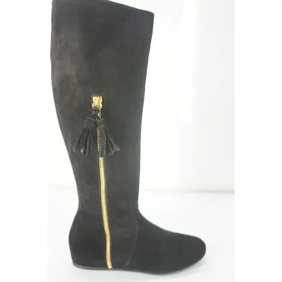 Stuart Weitzman Tass black suede wedge Tall boots size 6.5 New $635 gold zip